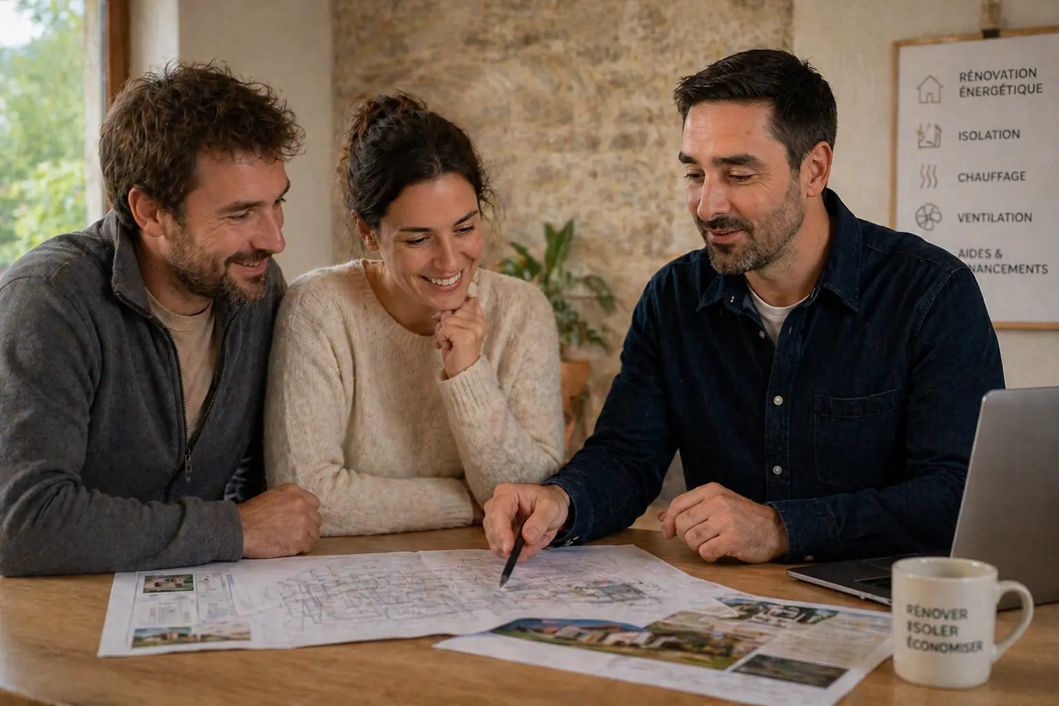 Laurent Magnouac en consultation avec un couple, analyse de plans de travaux