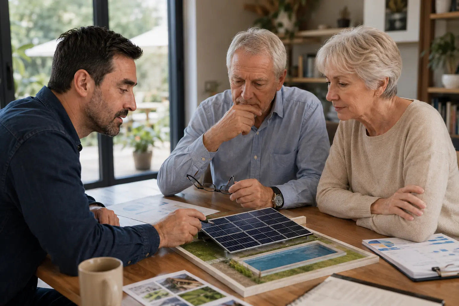 Laurent Magnouac en consultation avec un couple senior sur un projet photovoltaïque