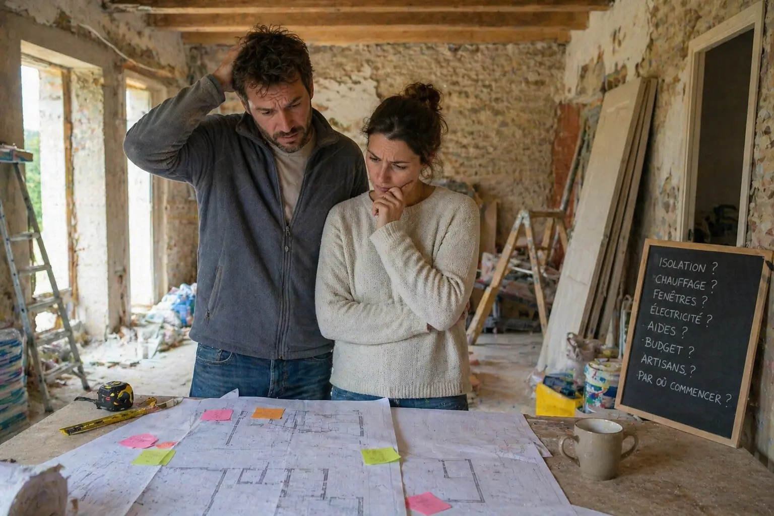 Couple devant un plan de rénovation, hésitant face à la complexité du projet