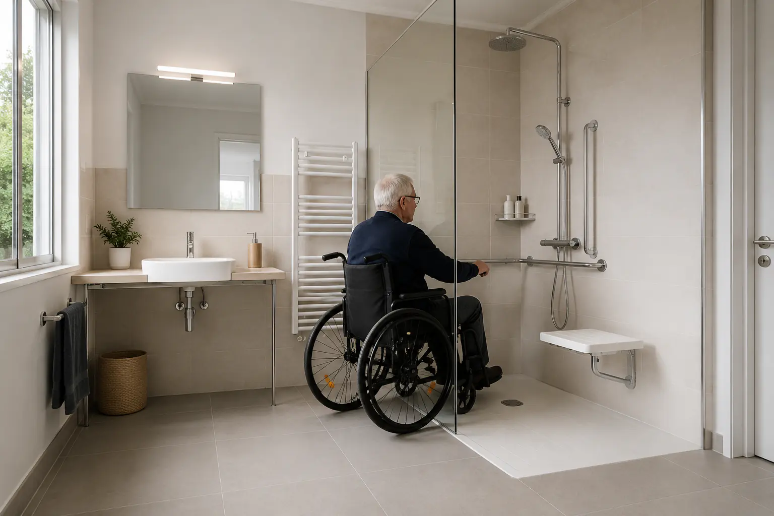 Personne en fauteuil roulant dans une salle de bain adaptée pour le maintien à domicile