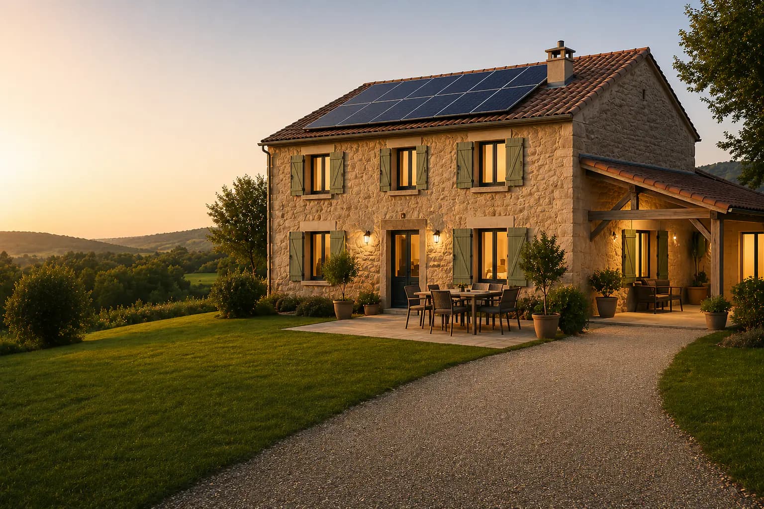 Maison rénovée dans le Gers avec installation photovoltaïque sur toit, accompagnée par Laurie Habitat